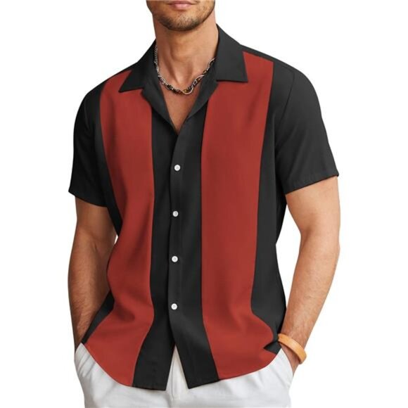 Men's Vintage Bowling Shirt Short Sleeve Button Down Summer Cuba Beach Shirts - Picture 1 of 6